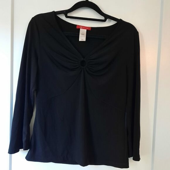 Anne Klein Ruched V Neck Long Sleeved Blouse Black - Picture 3 of 8